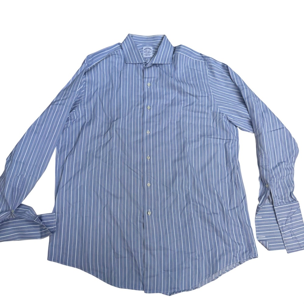 Brooks Brothers Makers Shirt Mens 16.5 35 Regular Fit Blue White Striped Cotton